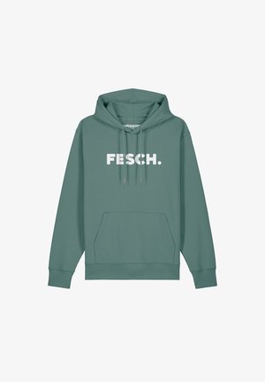 Grüne Kapuzenjacke aus Baumwolle, mit Kängurutasche, Zugband und dem Wort "FESCH." in Weiß auf der Vorderseite bedruckt.