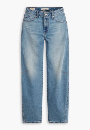 Lichtblauwe hooggeremde jeans met een rechte pijp, klassieke vijf-pocket styling en subtiele vervaging op de voorpanelen.