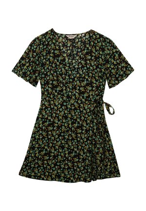 Sort kortærmet slå-om-kjole med lille blågrønt og gult blomsterprint samt bindedetalje i siden.