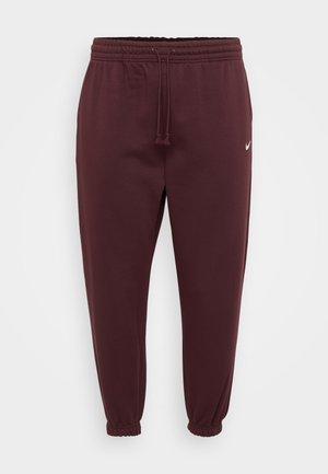 Burgundské tepláky s elastickým pasem a šňůrkou, s tapered manžetami a malým bílým logem na horní části stehna.