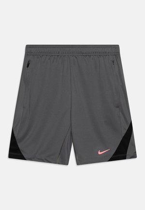 Gray athletic shorts with black accents, lightweight fabric, elastic waistband, side zip pockets, and a pink Nike logo on the front right.
