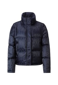 Gevoerde pufferjack in donkerblauw met een subtiele luipaardprint, hoge kraag en lange mouwen. Glad, glanzend stof met gestikte delen.