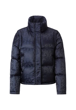 Giacca puffer imbottita di un blu navy scuro con un sottile motivo leopardato, colletto alto e maniche lunghe. Tessuto liscio e lucido con sezioni trapuntate.