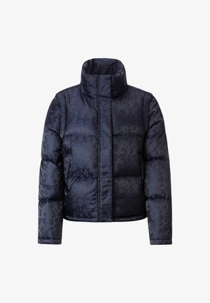 Gepolsterte Pufferjacke in dunklem Marineblau mit einem dezenten Leopardenmuster, hohem Kragen und langen Ärmeln. Glattes, glänzendes Material mit gesteppten Abschnitten.