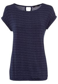 Marinblå blus med kort ärm, med ett lätt geometriskt diamantsmönster och nyckelhålsdetalj vid halsringningen.