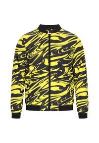 Giacca bomber con motivo a vortice giallo e nero, con zip anteriore, colletto e polsini a costine, tessuto liscio con una leggera finitura lucida.