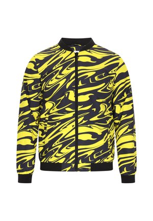 Gelb und schwarz wirbelnd gemusterte Bomberjacke, mit Reißverschluss vorne, geripptem Kragen und Bündchen, glattes Material mit leicht glänzender Textur.