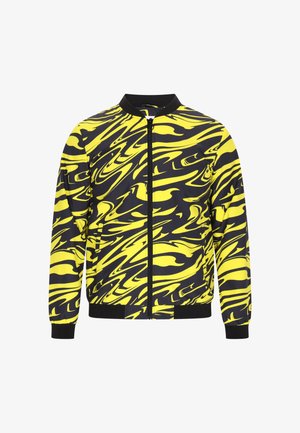 Gelb und schwarz wirbelnd gemusterte Bomberjacke, mit Reißverschluss vorne, geripptem Kragen und Bündchen, glattes Material mit leicht glänzender Textur.