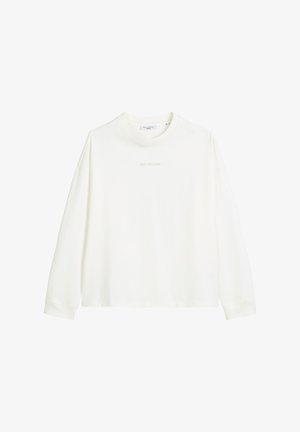 White long-sleeve shirt made of cotton, featuring a crew neck and minimal text logo at the center. Soft texture with a relaxed fit.