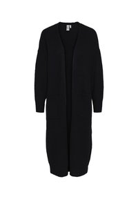 Lång svart cardigan gjord av mjukt tyg, med lös passform, V-ringning, två framfickor och öppen framsida.