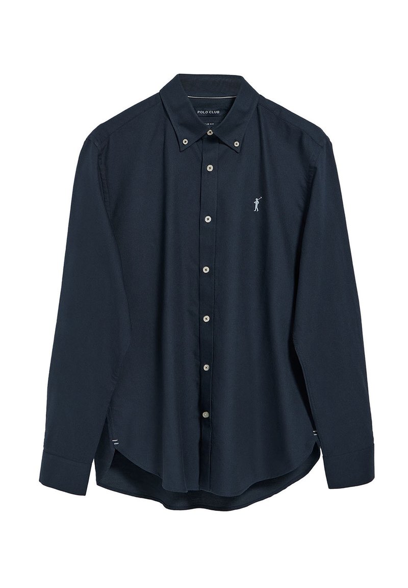 Marineblauwe overhemd in een katoenmix, met een kraag, lange mouwen en een klein logo op de borst. Soepele textuur met zijsplitten.