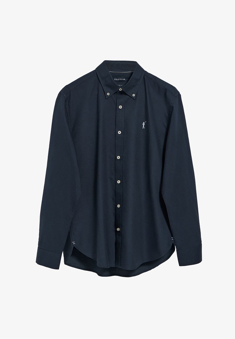 Camicia button-up blu navy in misto cotone, con colletto, maniche lunghe e un piccolo logo sul petto. Tessuto liscio con fessure laterali.