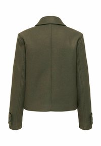 Veste en laine vert olive foncé avec un dos droit, des manches longues, un col et des poignets boutonnés, présentée sur un fond blanc.