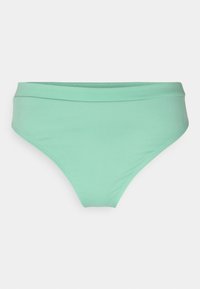 Parte inferior de bikini verde menta com textura canelada, design de cintura alta e faixa lisa, oferecendo uma silhueta ajustada.