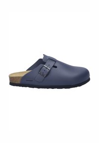 Zoccolo blu navy con una parte superiore in gomma liscia, piede in sughero e cinturino regolabile con fibbia. Suola nera testurizzata per una migliore aderenza.