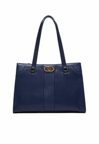 Borsa tote in pelle blu navy con due manici, hardware dorato e design strutturato caratterizzato da accenti cuciti e un logo centrale prominente.
