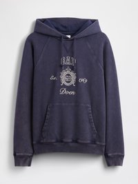 Námořnická modrá mikina s kapucí a přední kapsou, s vyšitým textem a vintage designem; vyrobená z měkké, texturované látky.