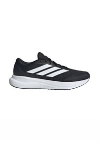 Schwarzer Laufschuh mit weißer Sohle und drei weißen Streifen an der Seite, mit Schnürdesign und gepolsterter Zwischensohle.