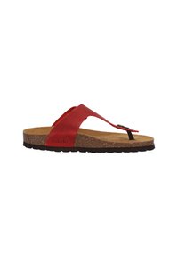 Sandalo infradito in pelle rossa con sottopiede in sughero e suola in gomma nera. Caratterizzato da un posteriore per le dita e un design con fascia curva. Logo del marchio presente.