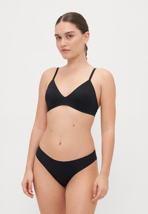Black seamless bikini set featuring a V-neck bralette with thin adjustable straps and low-rise bikini bottoms. Smooth fabric texture.