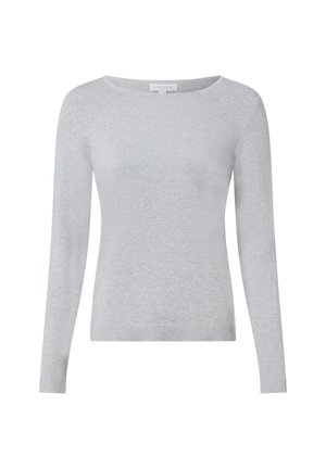 Hellgrauer Pullover aus weichem Stoff, mit Rundhalsausschnitt, langen Ärmeln sowie gerippten Bündchen und Saum. Einfaches, minimalistisches Design.