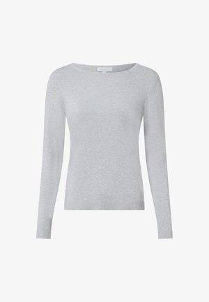 Hellgrauer Pullover aus weichem Stoff, mit Rundhalsausschnitt, langen Ärmeln sowie gerippten Bündchen und Saum. Einfaches, minimalistisches Design.