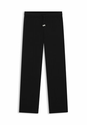Black trousers made from soft fabric, featuring a drawstring waistband, two side pockets, and a loose-fitting design.