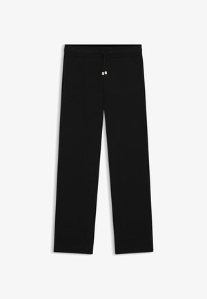 Black trousers made from soft fabric, featuring a drawstring waistband, two side pockets, and a loose-fitting design.
