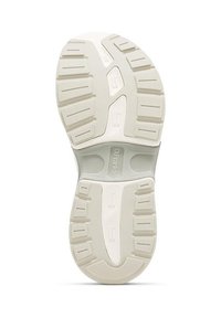 Suela de zapatilla de goma blanca con patrones de tracción rectangulares y circulares. Presenta estrías texturizadas y un área de marca central.