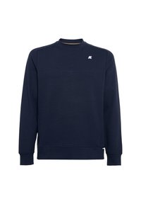 Felpa blu navy con collo a giro, maniche lunghe e un logo discreto sull'angolo superiore sinistro. Struttura liscia e vestibilità comoda.