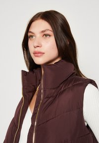 Gilet matelassé brun avec un col haut, des coutures horizontales et une fermeture éclair dorée. Porté par-dessus un haut à manches longues blanc, présentant une texture lisse.