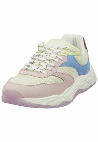 Rosa und blaue Sneaker mit einem Obermaterial aus Mesh und Wildleder, weißen Schnürsenkeln, einem gepolsterten Schaft und einer transparenten Sohle. Verfügt über strukturierte Akzente.