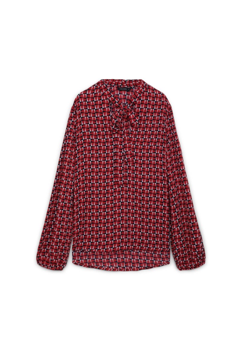 Blusa rossa con un motivo geometrico di piccoli triangoli in bianco e grigio. Presenta maniche lunghe e un fiocco al colletto. Tessuto leggero.