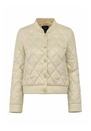 Pikowana jasnobeżowa kurtka z okrągłym dekoltem, napami i prążkowanymi mankietami oraz hemem. Posiada diamentowy wzór i gładką fakturę.