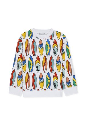 Maglione con base bianca e motivi di tavole da surf multicolori. Composto in misto cotone, collo rotondo, maniche lunghe, polsini e orlo a coste.