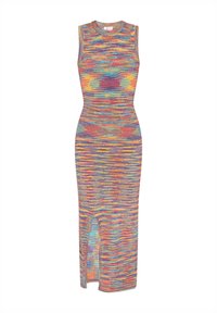Abito maxi in maglia con design senza maniche, caratterizzato da righe orizzontali multicolori e uno spacco all'orlo per un tocco in più.