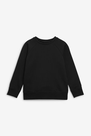 Sweatshirt noir en tissu doux, avec un col rond, des manches raglan et des poignets et un ourlet côtelés, possédant une texture lisse.