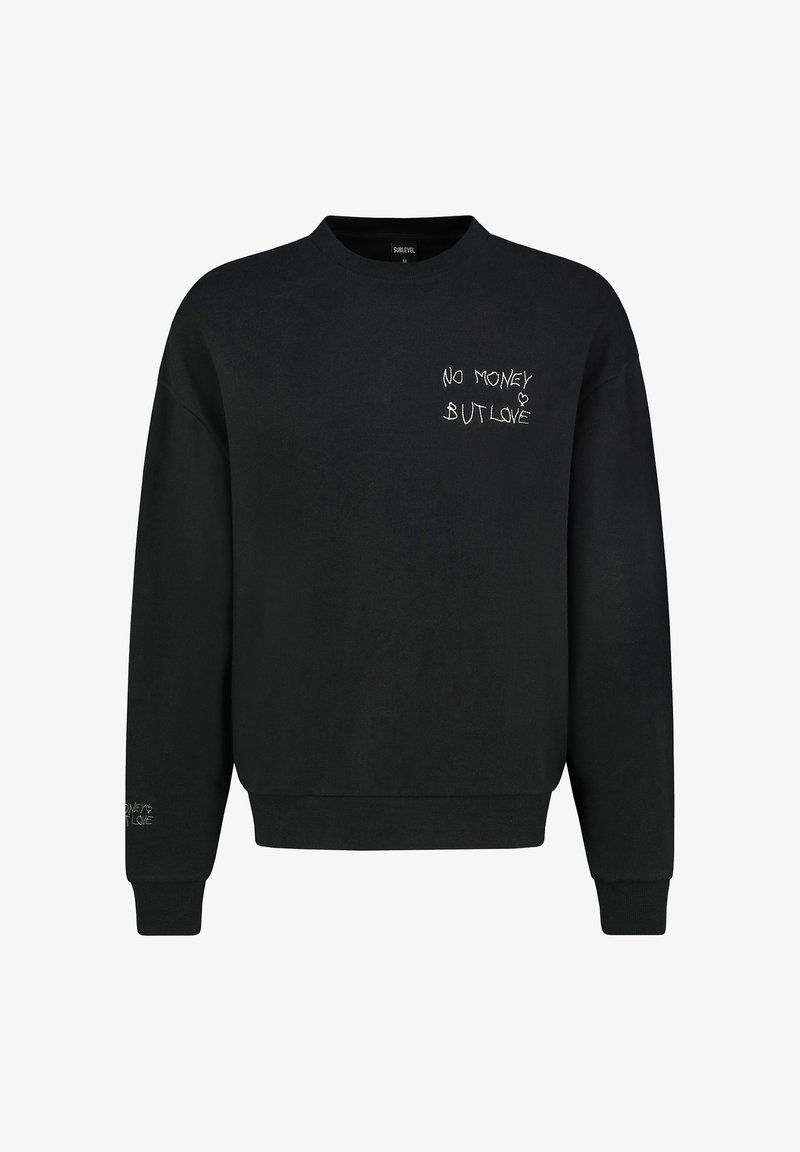 Zwarte sweatshirt met een ronde halslijn. Bevat witte geborduurde tekst: "GEEN GELD MAAR LIEFDE" op de borst en de linker mouw. Katoenmixmateriaal.