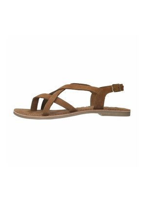 Brown suede sandal featuring multiple crisscross straps, an adjustable ankle buckle, and a flat rubber sole for comfort.