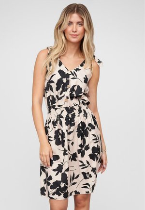 Blumenkleid mit schwarzen Blumen auf beigem Hintergrund, V-Ausschnitt, Knopfdetails und elastischem Taillenbund für eine figurbetonende Silhouette.