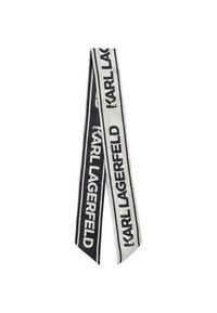 Sort og hvid silke bånd med "KARL LAGERFELD" trykt i fede bogstaver. Langt, fladt design med spidse ender og kontrasterende kanter.