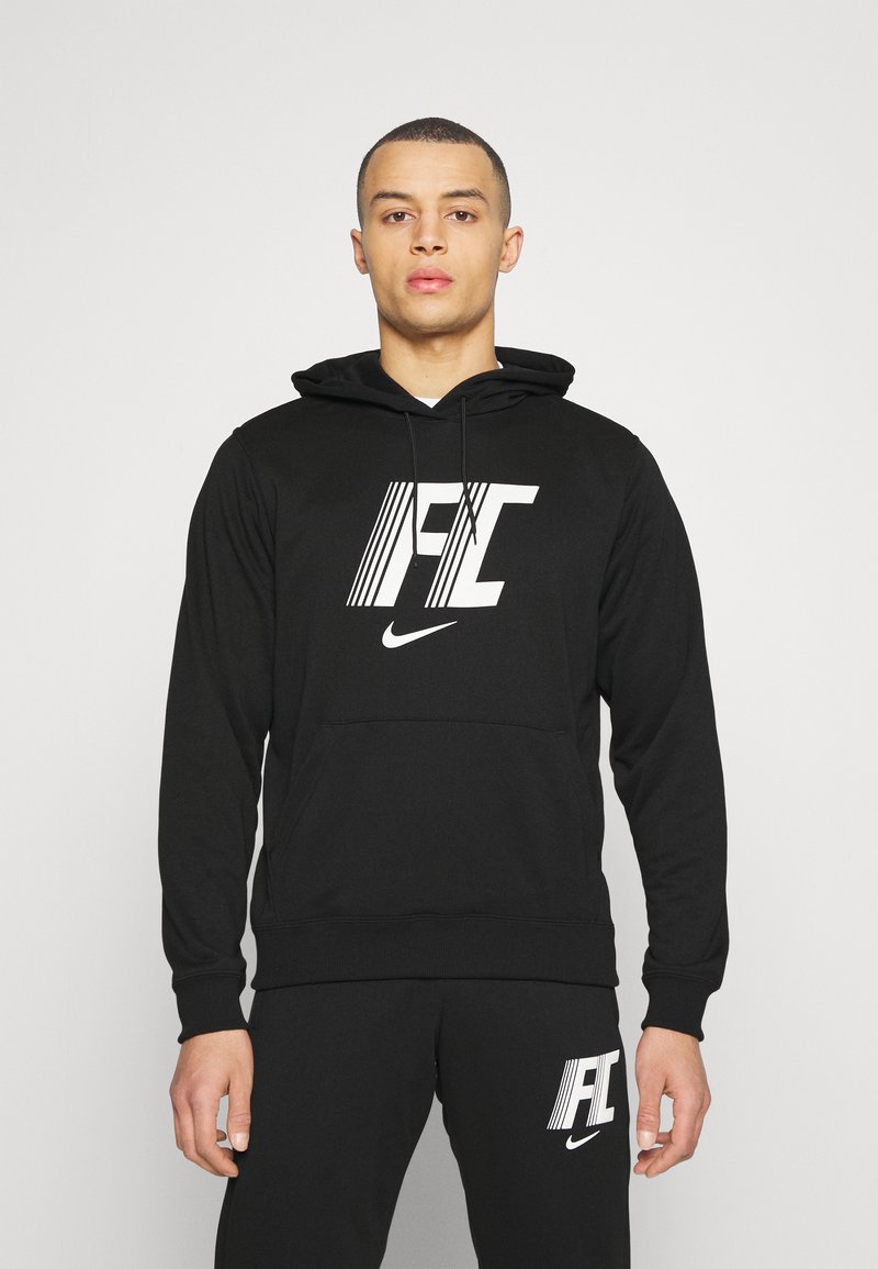 Felpa nera con cappuccio e tasca frontale, caratterizzata da un grande logo Nike bianco e da scritte stilizzate. Tessuto morbido con una vestibilità comoda.