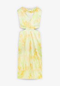 Yellow and green watercolor patterned dress with short sleeves, V-neck, button closure, and cut-out waist detail. Smooth fabric texture.