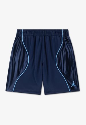 Granatowe spodenki sportowe z jasnoniebieską zakrzywioną lamówką i małym logo Jumpman na dolnej części prawej nogawki, elastyczny pas, brak widocznego sznurka.
