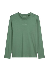 Zielona bluza z długim rękawem i okrągłym dekoltem z białym logo "Marc O'Polo" umieszczonym na środku klatki piersiowej.