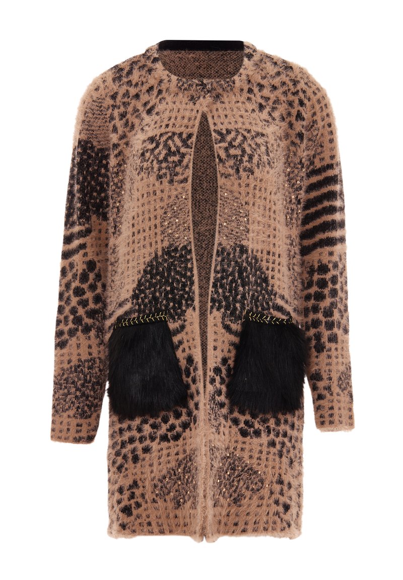 Cardigan s potiskem zvířecí srsti v měkké béžové a černé barvě, s texturovaným vzorem, otevřeným předním dílem a kapsami z umělé kožešiny s akcenty zlatého prošití.