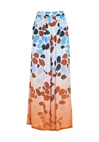 Pantaloni larghi e fluidi realizzati in un tessuto morbido con un motivo floreale astratto multicolore sui toni del blu, marrone e arancione su uno sfondo bianco.