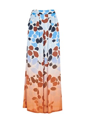 Pantaloni larghi e fluidi realizzati in un tessuto morbido con un motivo floreale astratto multicolore sui toni del blu, marrone e arancione su uno sfondo bianco.