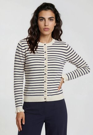 MILANO ITALY, ROUND NECK CARDIGAN WITH RUFFLES AT FRONT PLACKET AND SLEEVE HEM - Cardigan - navy print