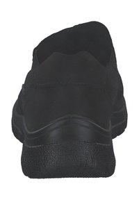 Schwarze Slipper aus Wildleder mit einer strukturierten Gummisohle. Das Design zeichnet sich durch eine abgerundete Form aus und hat keine sichtbaren Hardware-Elemente oder Verzierungen.